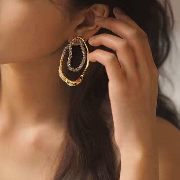 Golden Waves Crystal Double Oval Statement Earrings - Picture 10 of 11